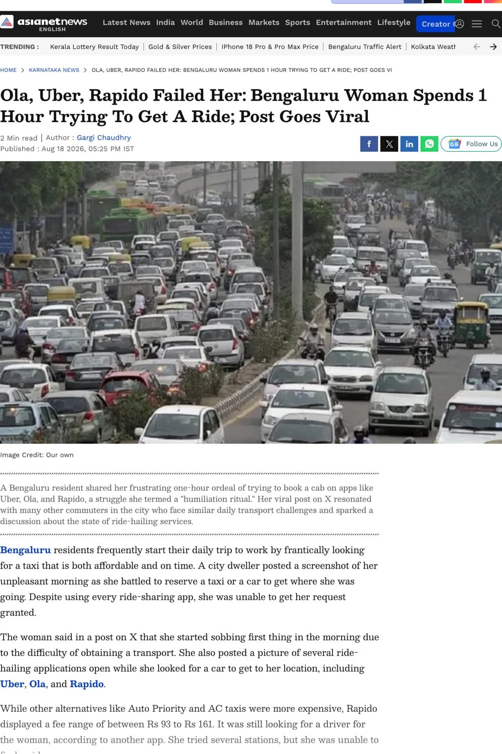 Asianet Newsable article: Ola, Uber, Rapido failed her: one hour, no ride