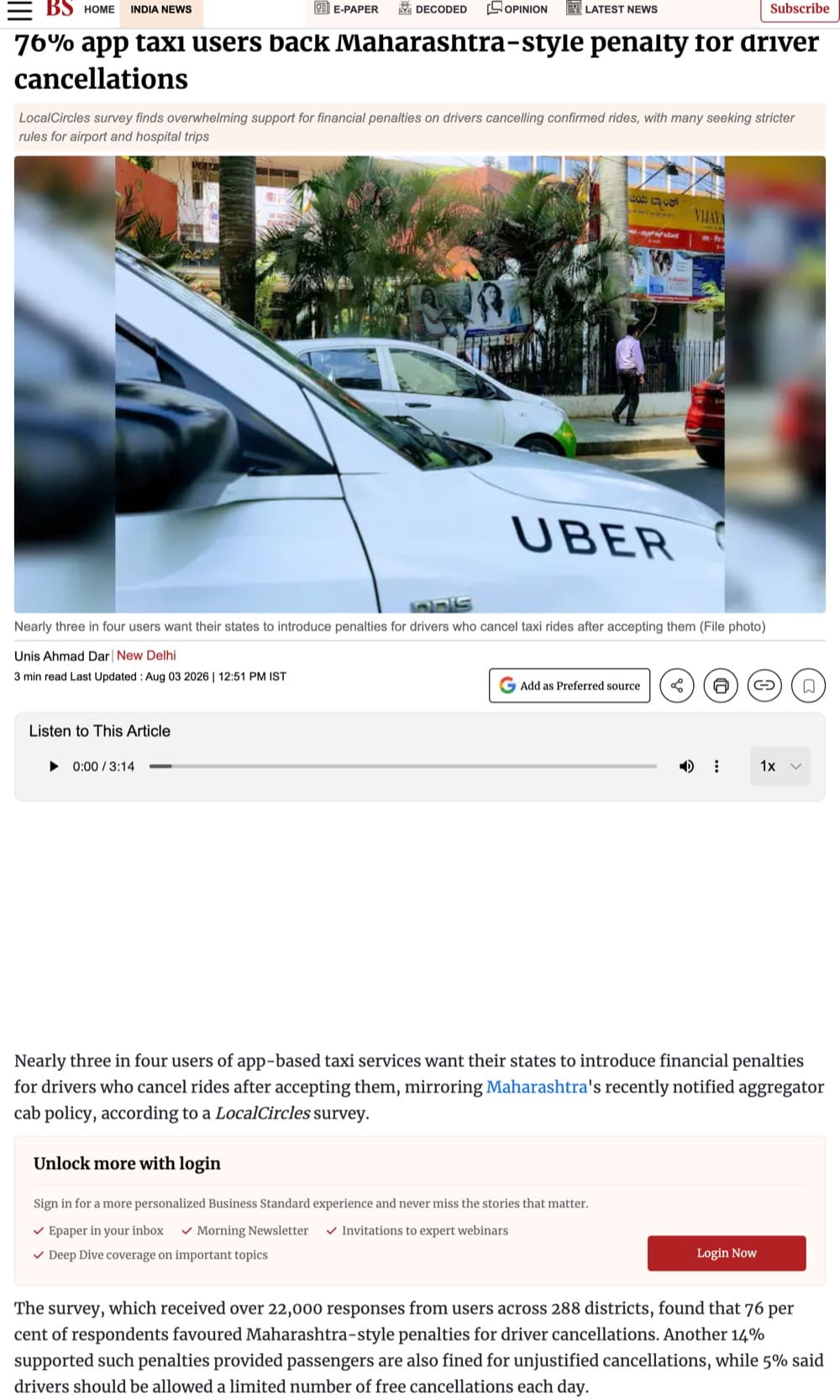 Business Standard article: 76% of app taxi users back penalties for driver cancellations
