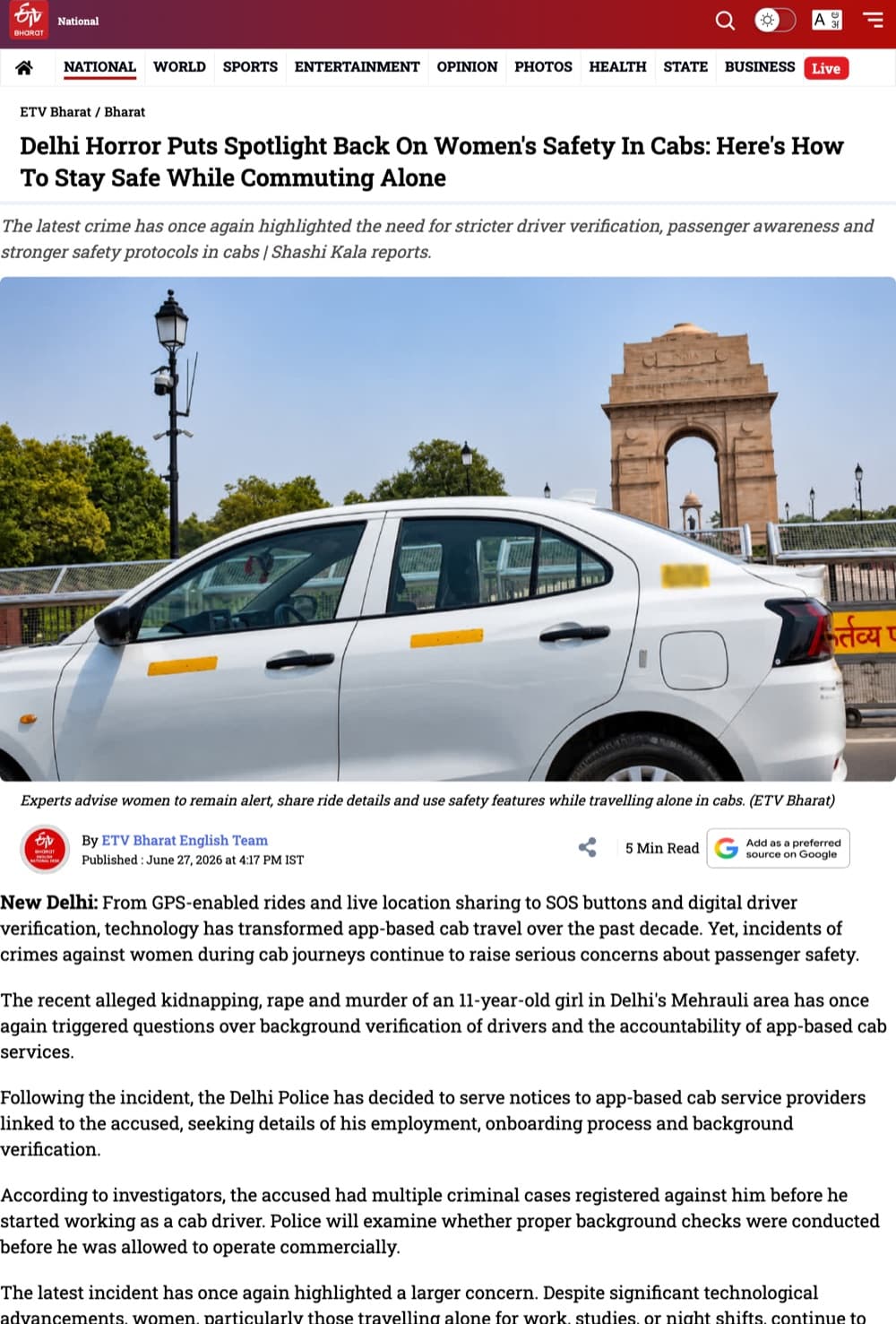 ETV Bharat article: Delhi horror puts spotlight back on women's safety in cabs