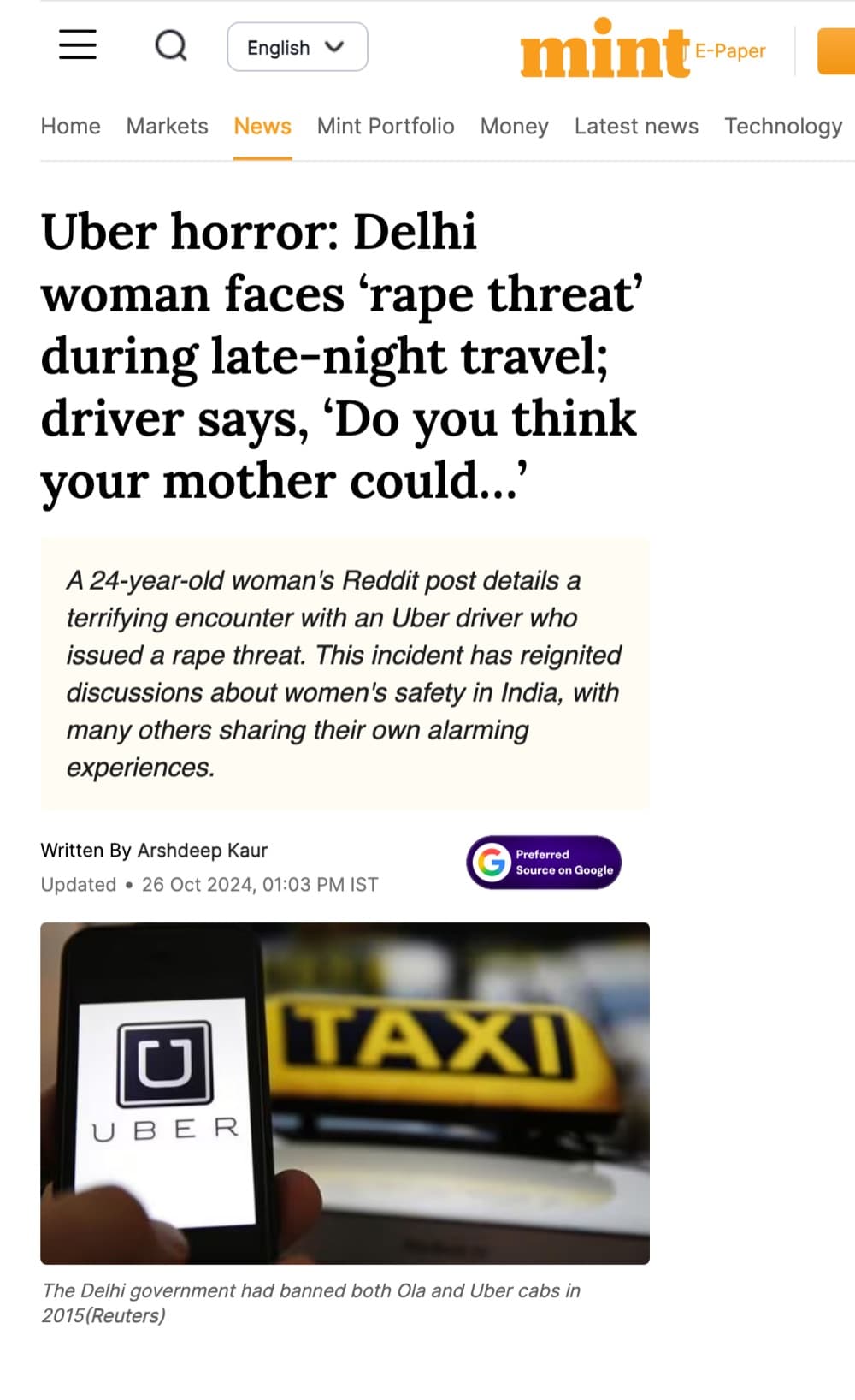 Mint article: Delhi woman faces rape threat during late night Uber ride