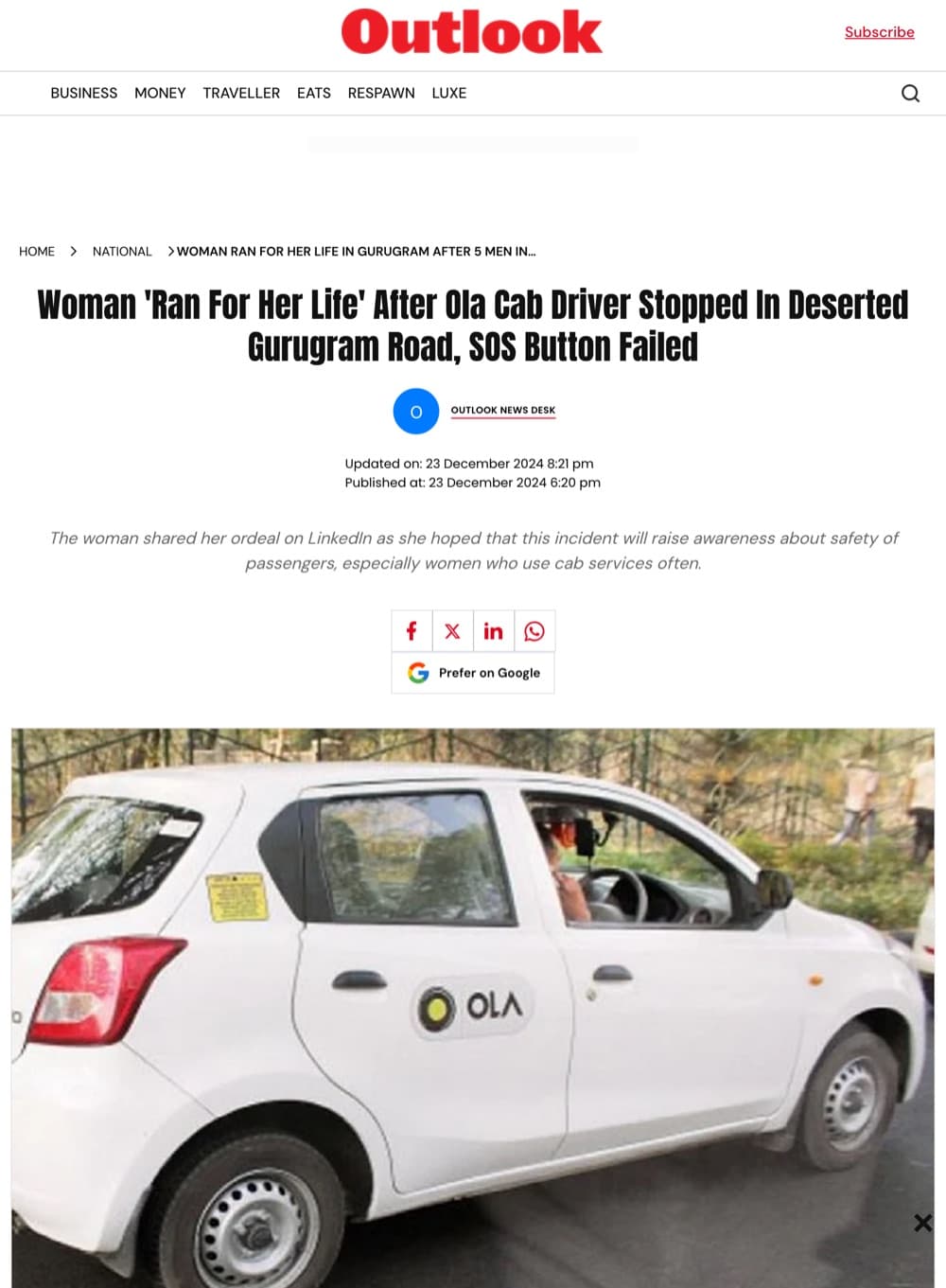 Outlook India article: Woman ran for her life after her cab stopped on a deserted road