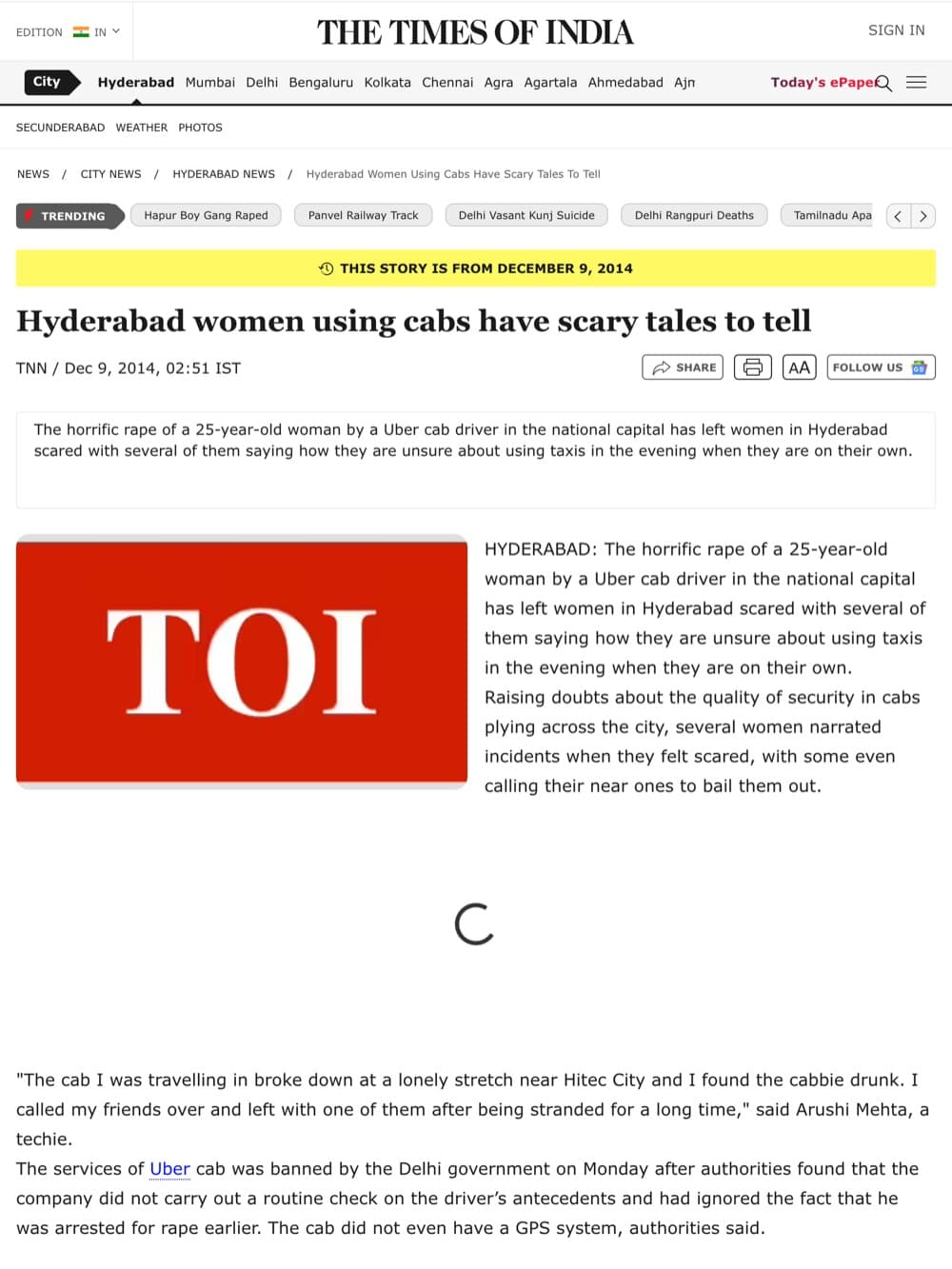 The Times of India article: Hyderabad women using cabs have scary tales to tell