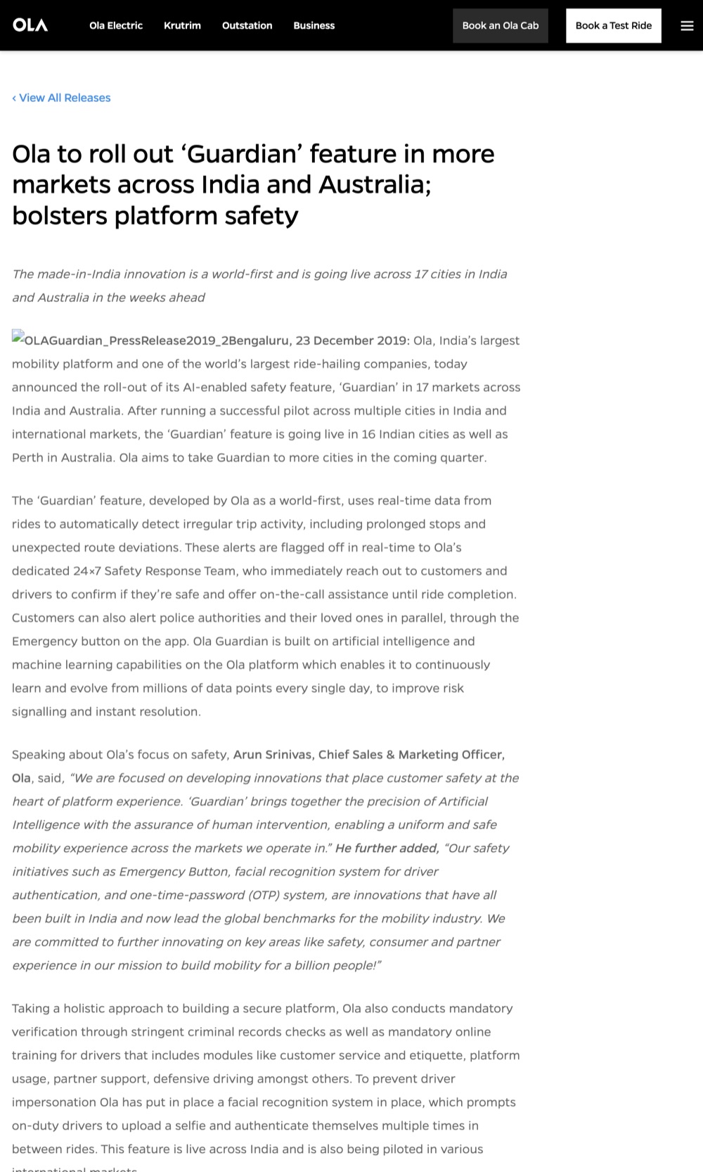 Screenshot of the source: Ola rolls out the Guardian feature in more markets