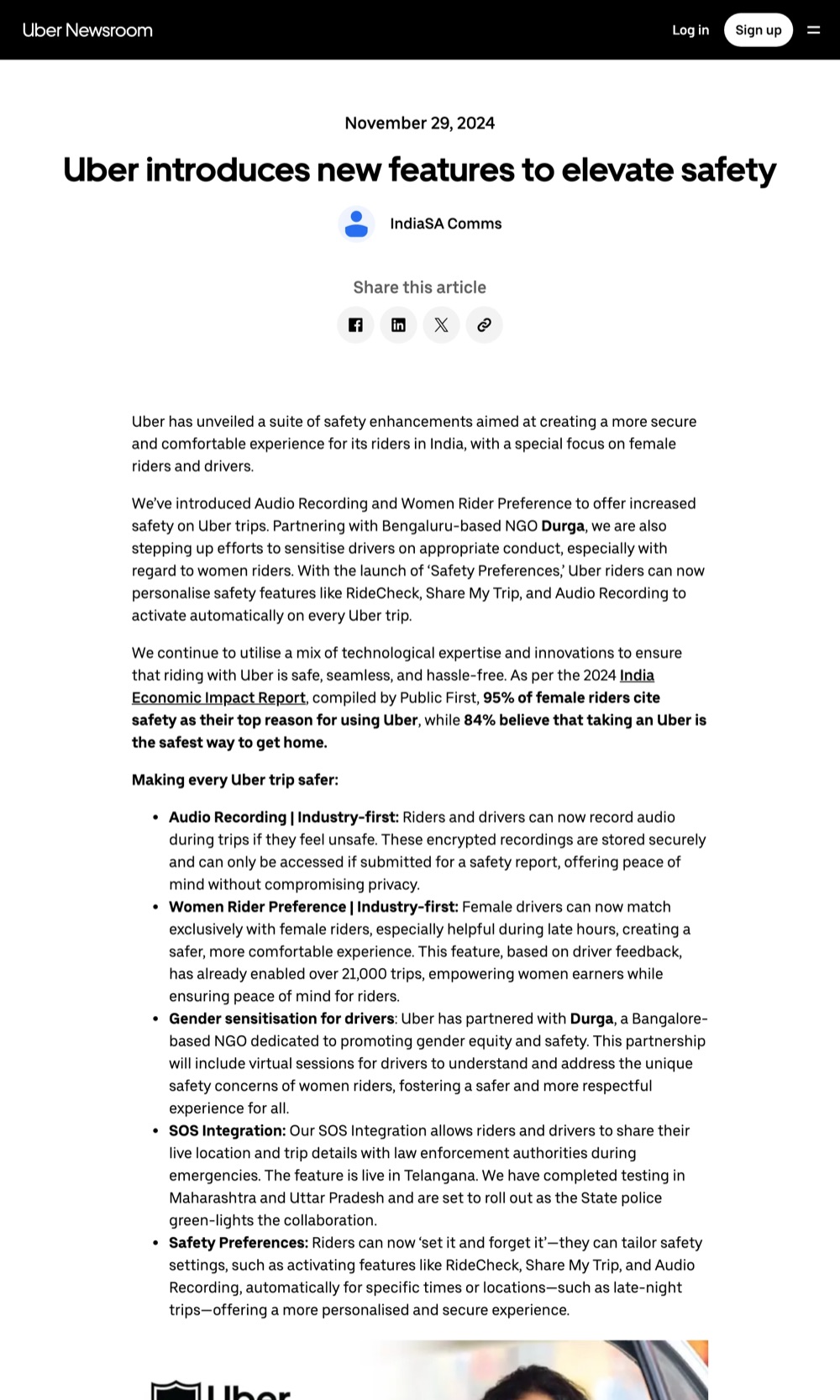 Screenshot of the source: Uber introduces new features to elevate safety