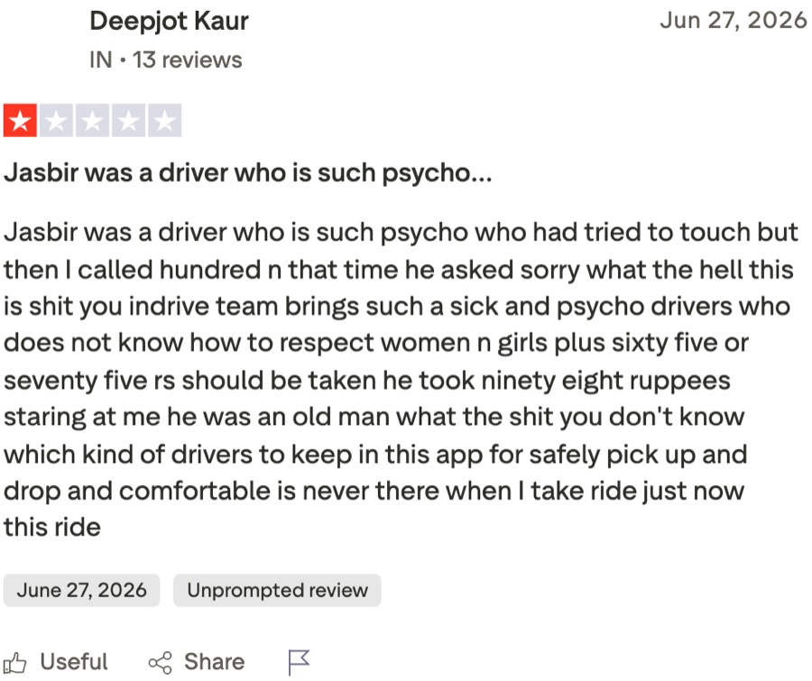 inDrive Trustpilot review from India: the driver tried to touch the rider and she called 100