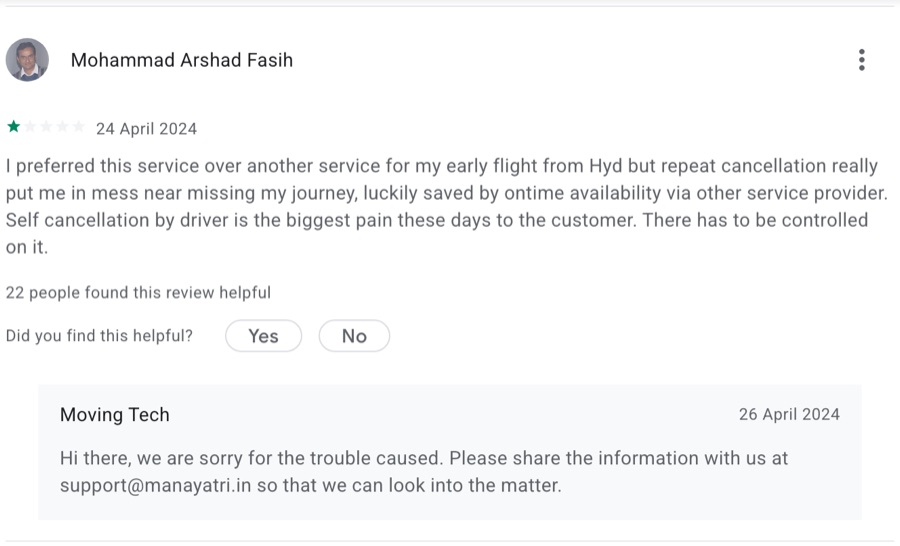 Mana Yatri Google Play review: repeat cancellations nearly cost an early morning flight from Hyderabad