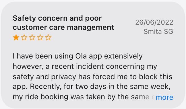 Ola App Store review titled Safety concern and poor customer care management