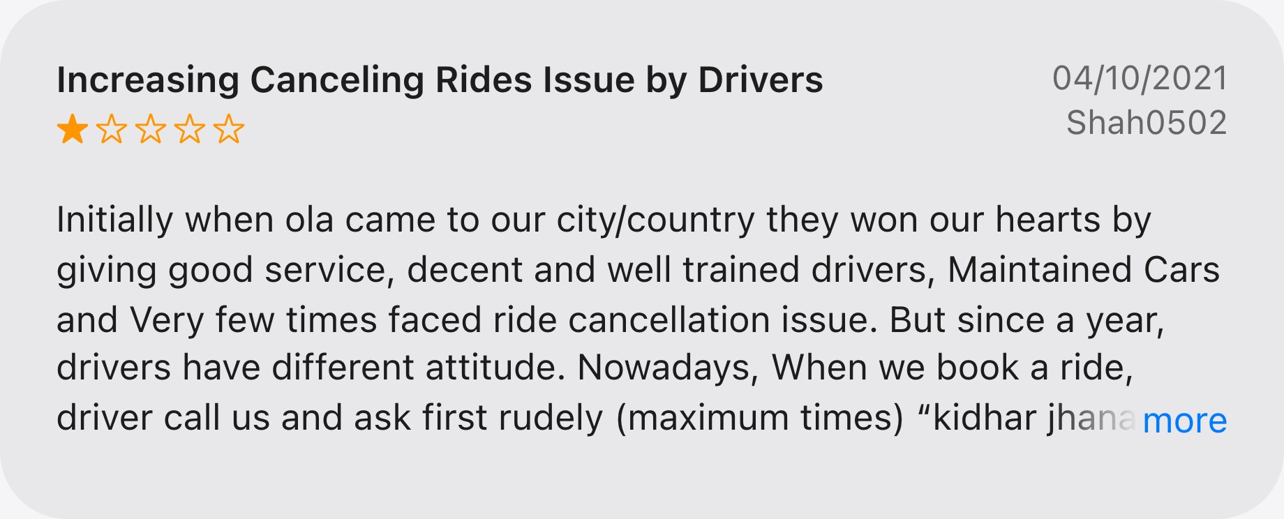 Ola App Store review titled Increasing cancelling rides issue by drivers: when we book a ride, the driver calls and asks the destination first