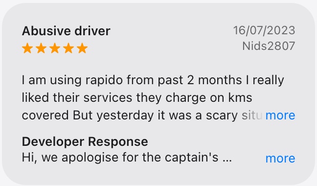 Rapido App Store review titled Abusive driver: a scary situation for the rider and her mom