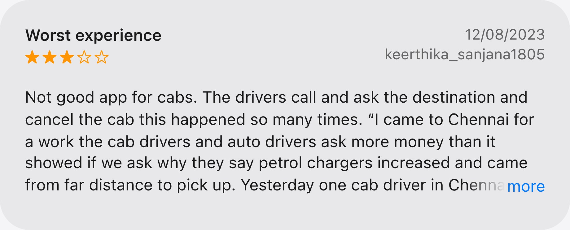 Uber App Store review titled Worst experience: drivers call, ask the destination and cancel the cab, so many times