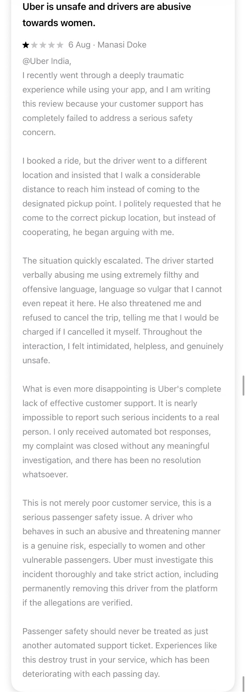 Uber App Store review titled Uber is unsafe and drivers are abusive towards women: the driver argued, abused and threatened the rider, and support sent only bot replies