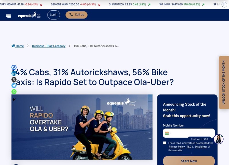 Screenshot of the source: 14% cabs, 31% autos, 56% bike taxis: is Rapido set to outpace Ola and Uber?
