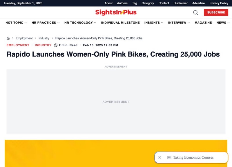 Screenshot of the source: Rapido launches women-only Pink bikes